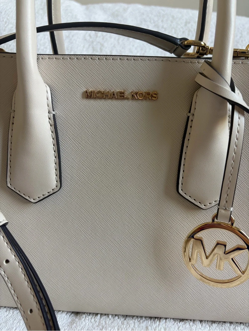 Michael Kors Cream Structured Saffiano Satchel with Gold Accents